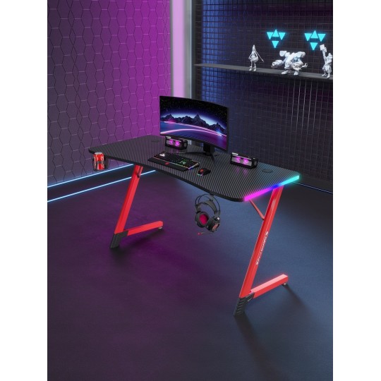 Fekete gamer asztal piros lábakkal, 120 cm, LED