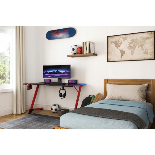 Fekete gamer asztal piros lábakkal, 120 cm, LED
