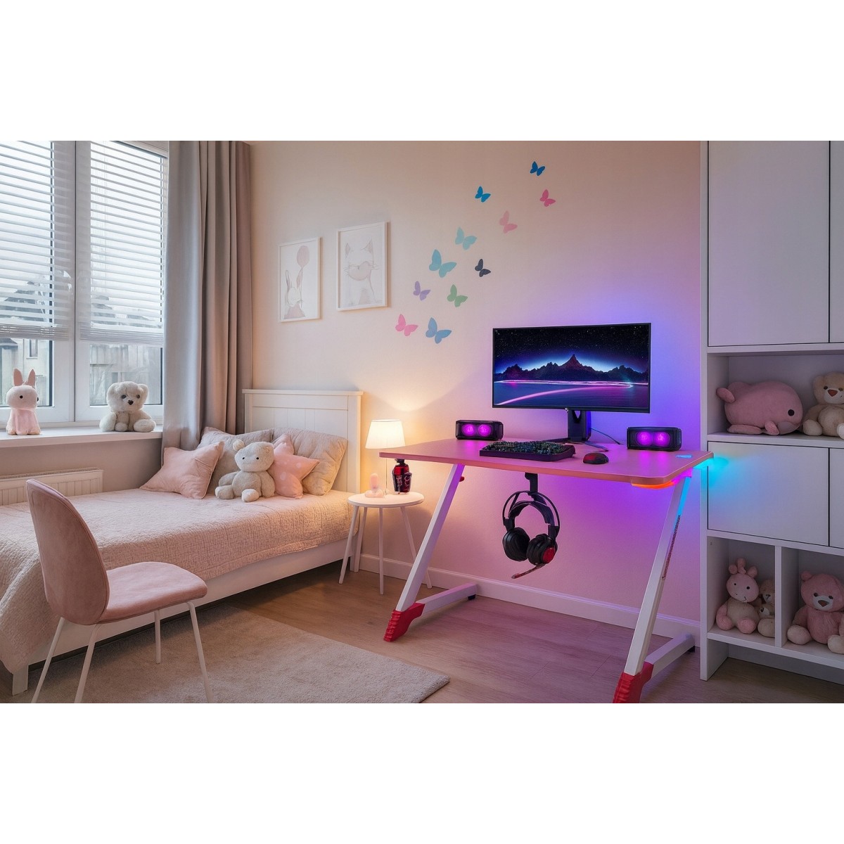 Rózsaszín gamer asztal LED-világítással, 140 cm