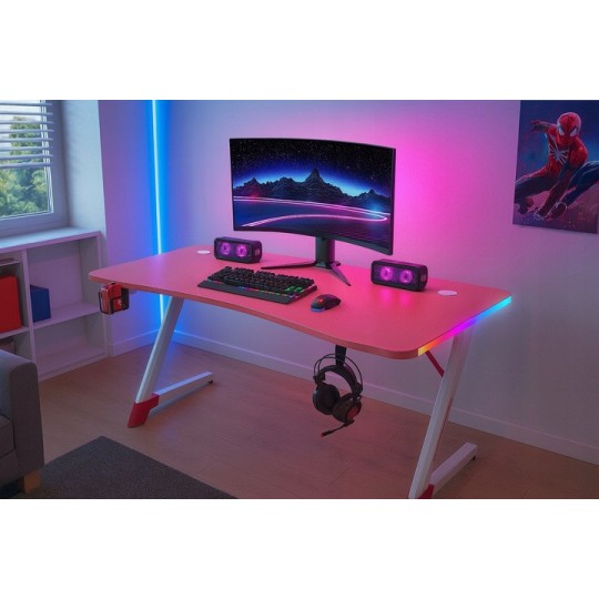 Rózsaszín gamer asztal LED-világítással, 140 cm