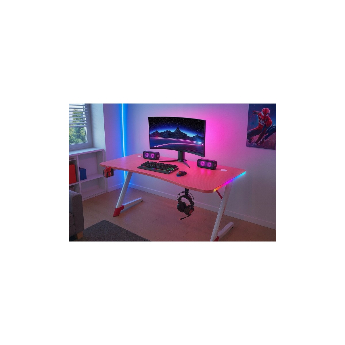 Rózsaszín gamer asztal LED-világítással, 140 cm