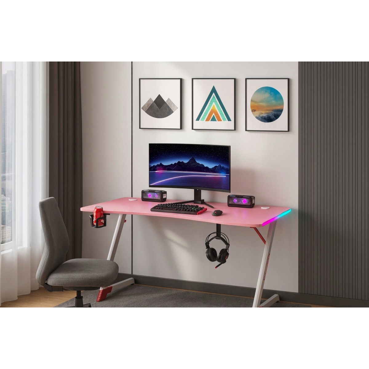 Rózsaszín gamer asztal LED-világítással, 140 cm