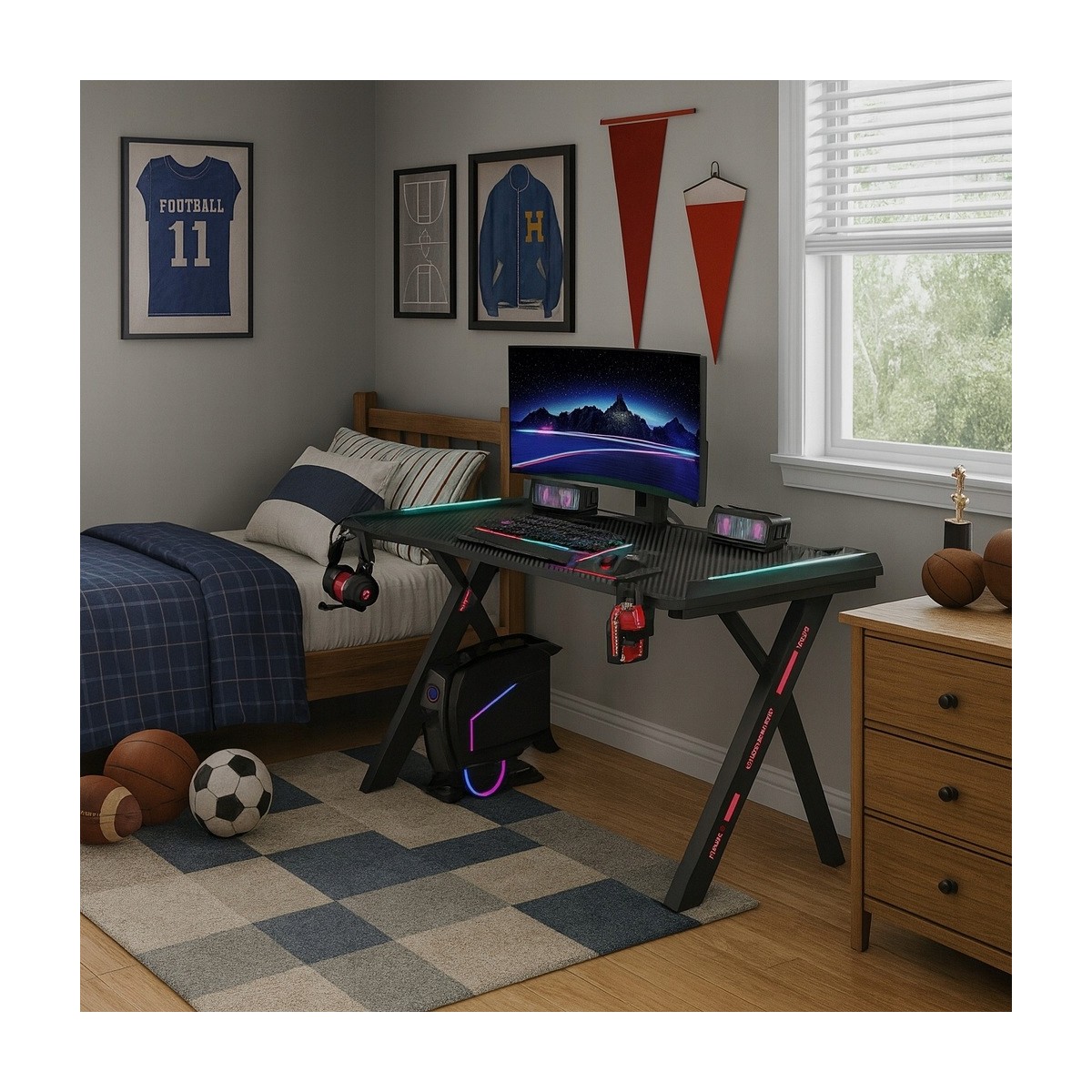 Modern gamer asztal LED-világítással, 120 cm, fekete