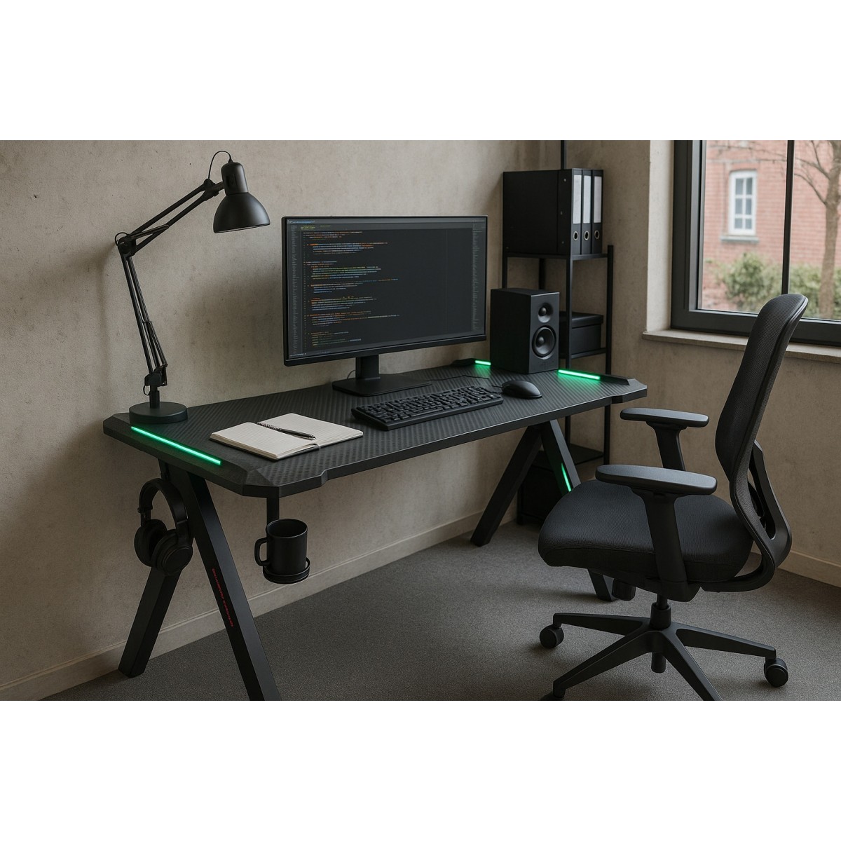 Modern gamer asztal LED-világítással, 120 cm, fekete