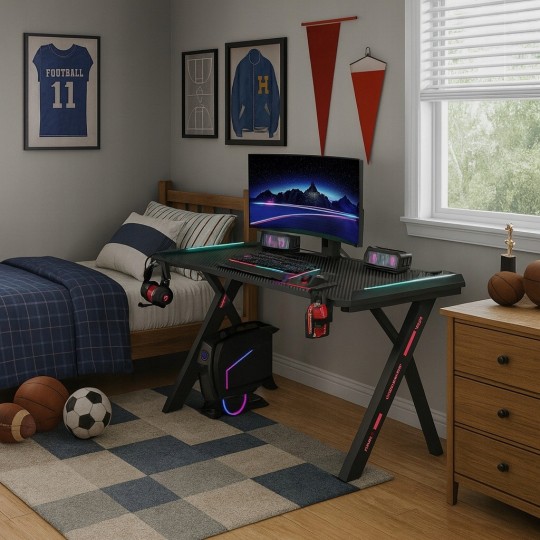 Fekete gamerasztal, LED, 140 cm
