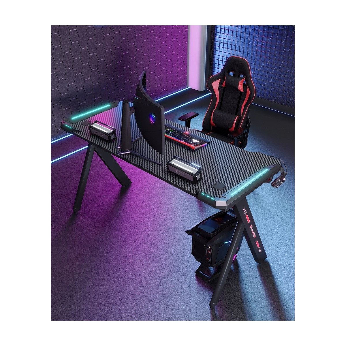 Fekete gamerasztal, LED, 140 cm