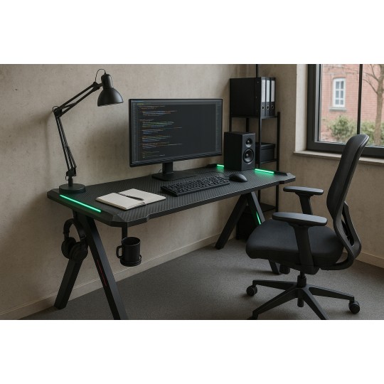Fekete gamerasztal, LED, 140 cm