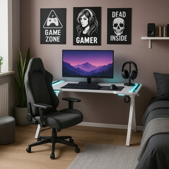 Fehér gamer asztal LED-világítással, 140 cm