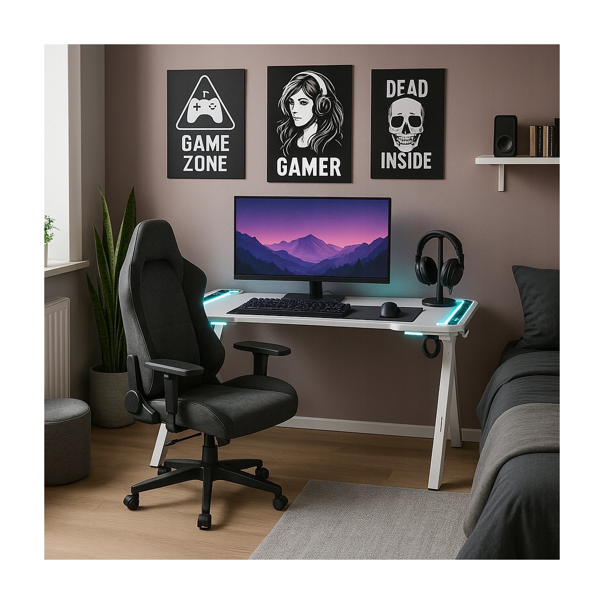 Fehér gamer asztal LED-világítással, 140 cm