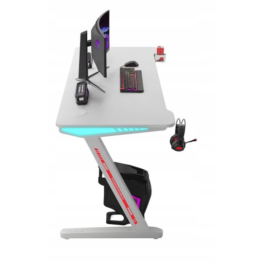 Modern, stílusos gamer asztal fehér színben háttérvilágítással, 120 cm