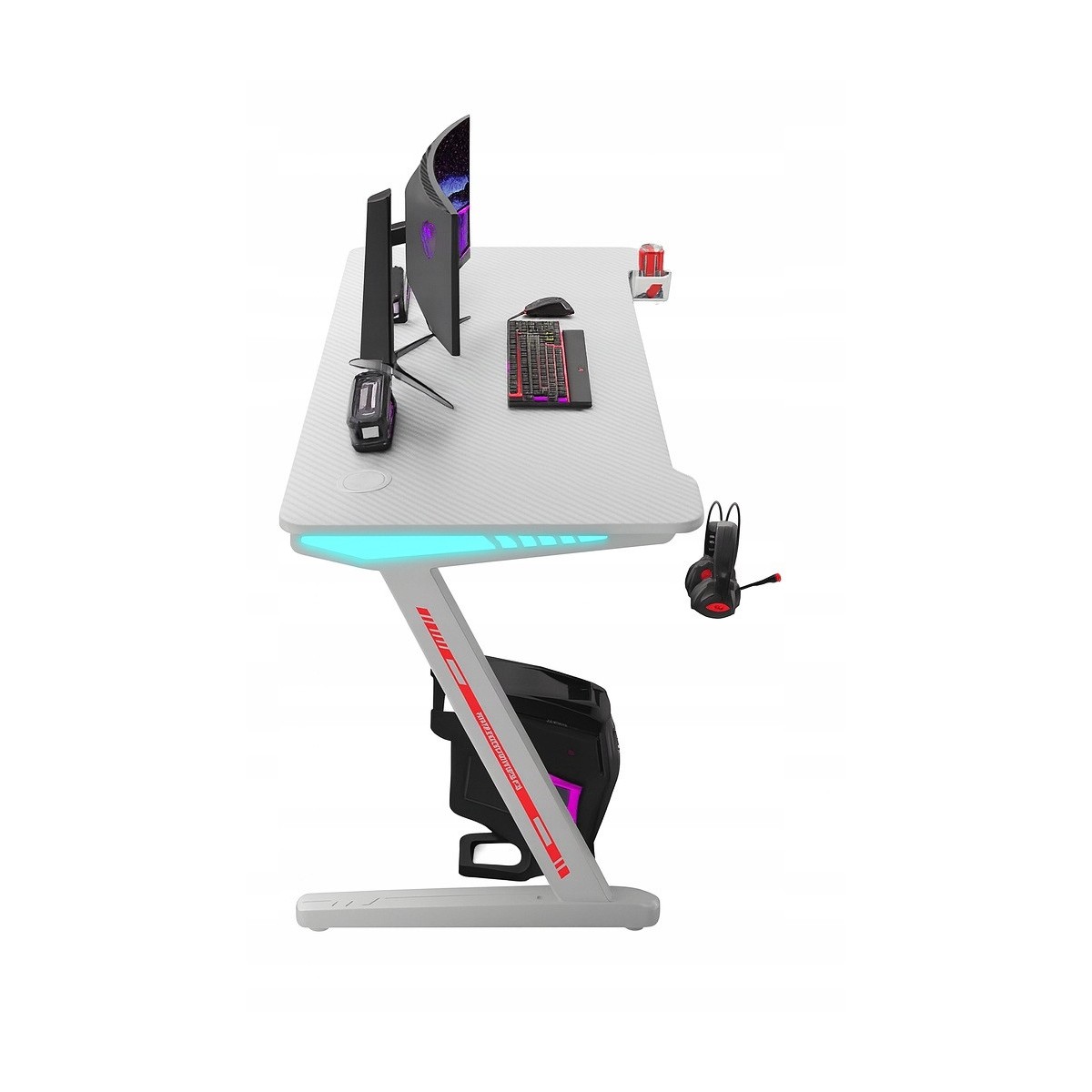 Modern, stílusos gamer asztal fehér színben háttérvilágítással, 120 cm
