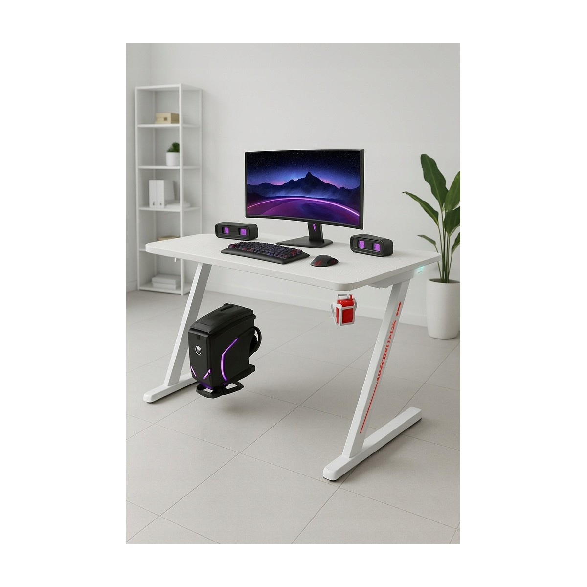 Modern, stílusos gamer asztal fehér színben háttérvilágítással, 120 cm