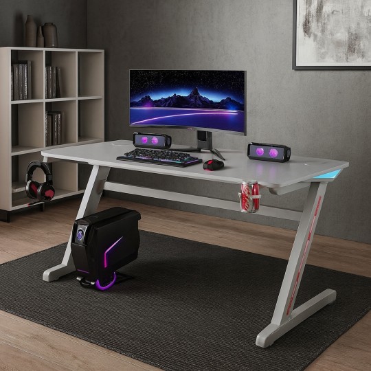 Fehér gamer asztal LED-világítással, 140 cm