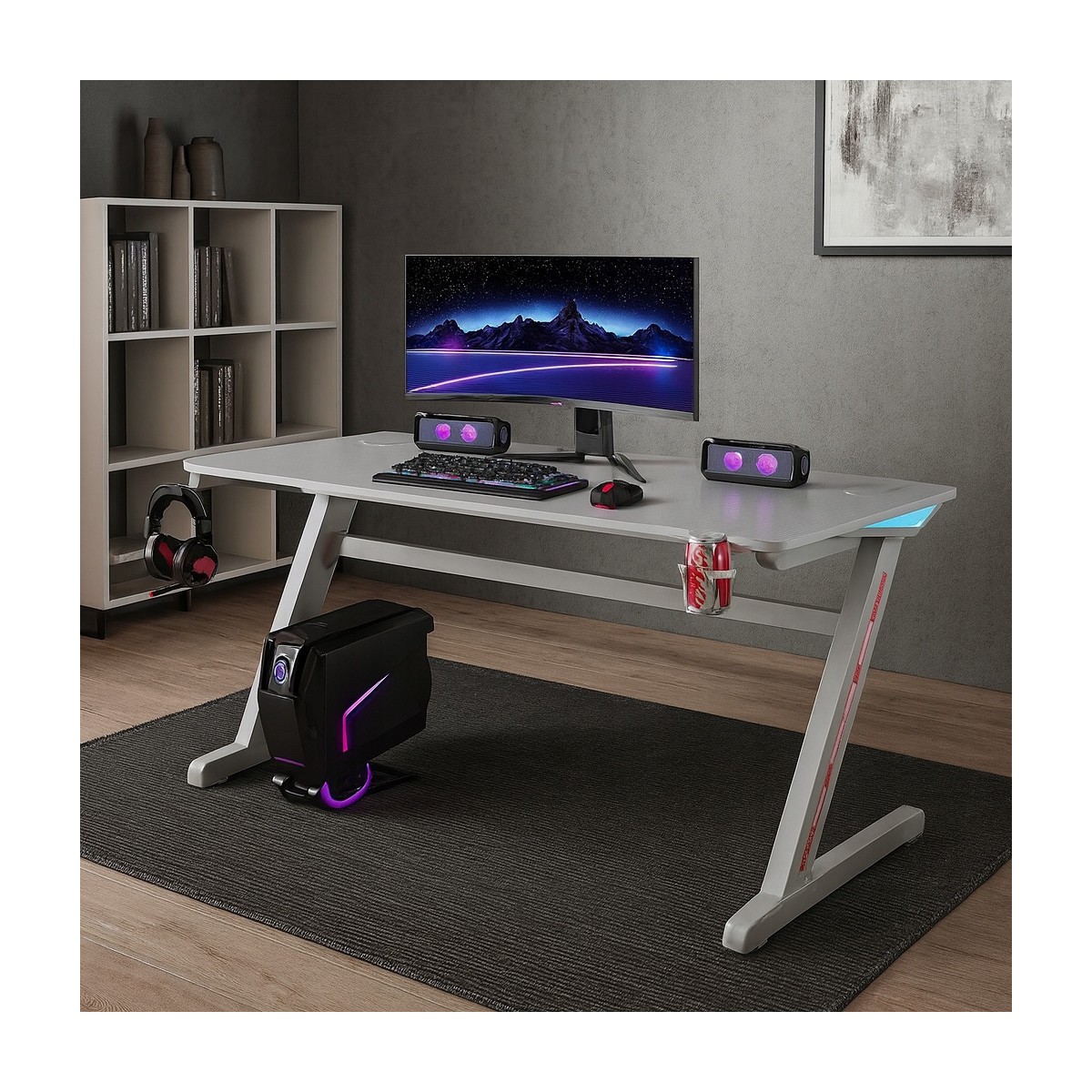Fehér gamer asztal LED-világítással, 140 cm