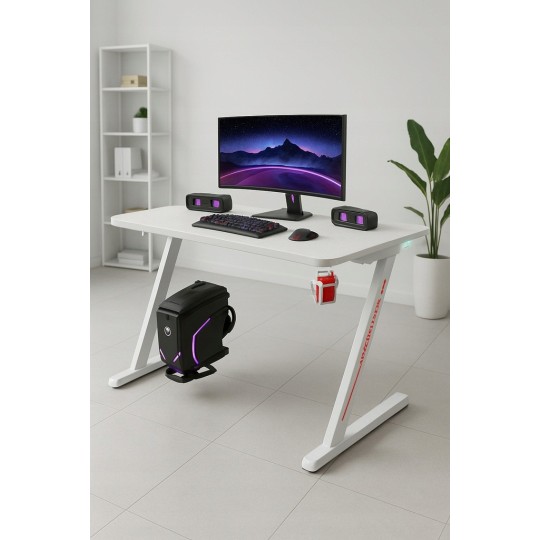 Fehér gamer asztal LED-világítással, 140 cm