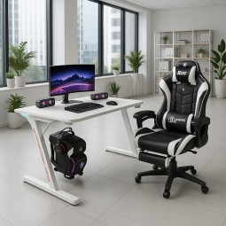 Fehér gamer asztal LED-világítással, 140 cm
