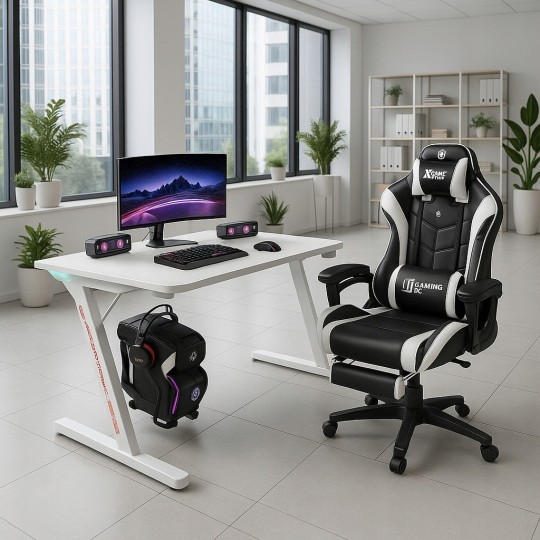 Fehér gamer asztal LED-világítással, 140 cm