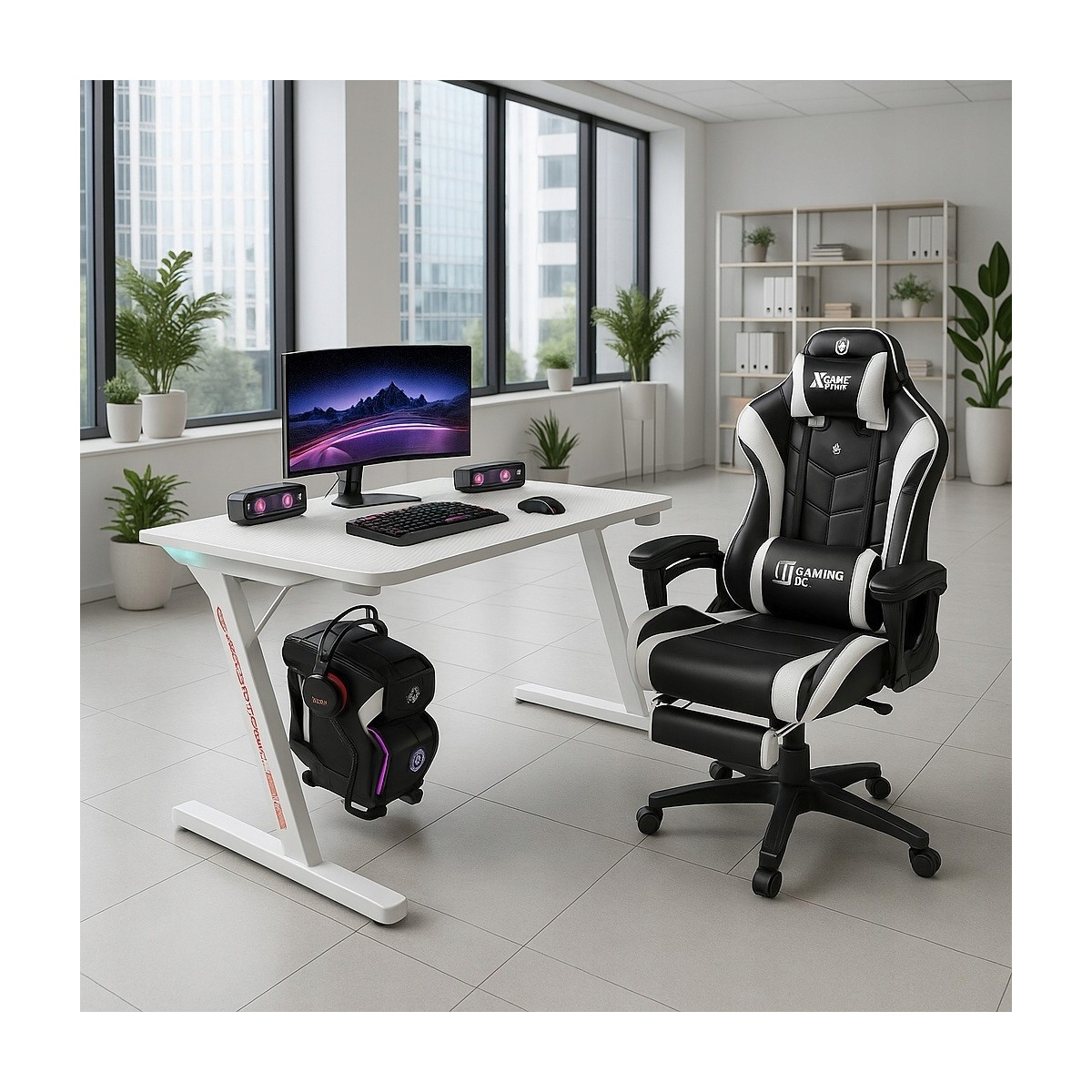 Fehér gamer asztal LED-világítással, 140 cm