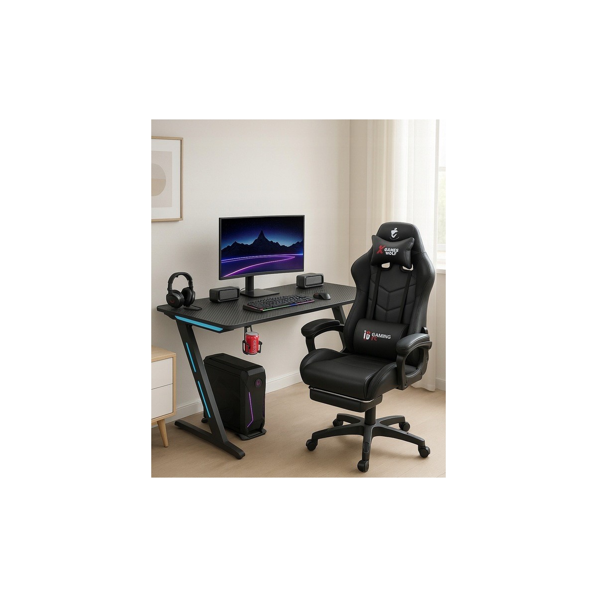 Fekete gamer számítógépasztal háttérvilágítással, 140 cm