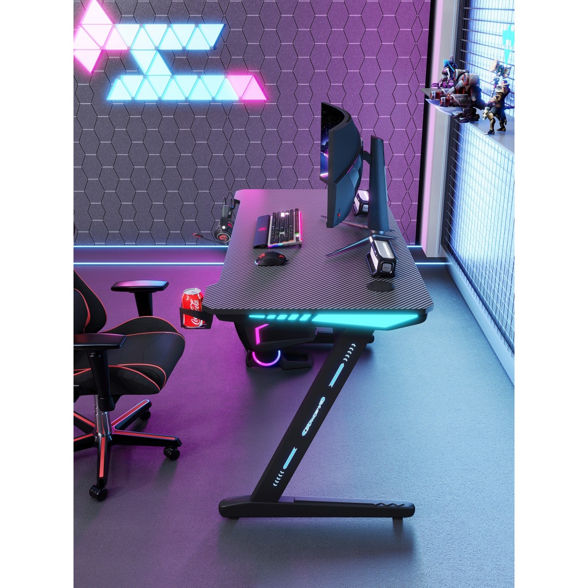 Fekete gamer számítógépasztal háttérvilágítással, 140 cm