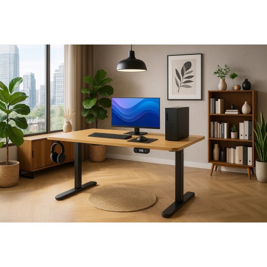 Elektromosan magasságállítható asztal, 120 cm, LED, éger, fekete lábakkal