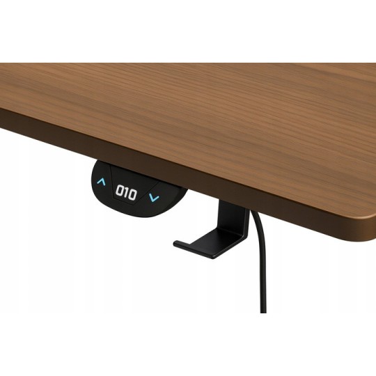 Modern, magasságban állítható irodai asztal, dió, LED, 140 cm