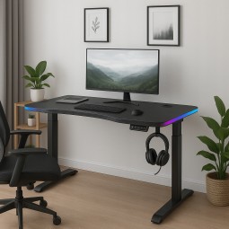 140 cm-es magasságban állítható asztal – elektromos magasságállítás, fekete, LED világítás