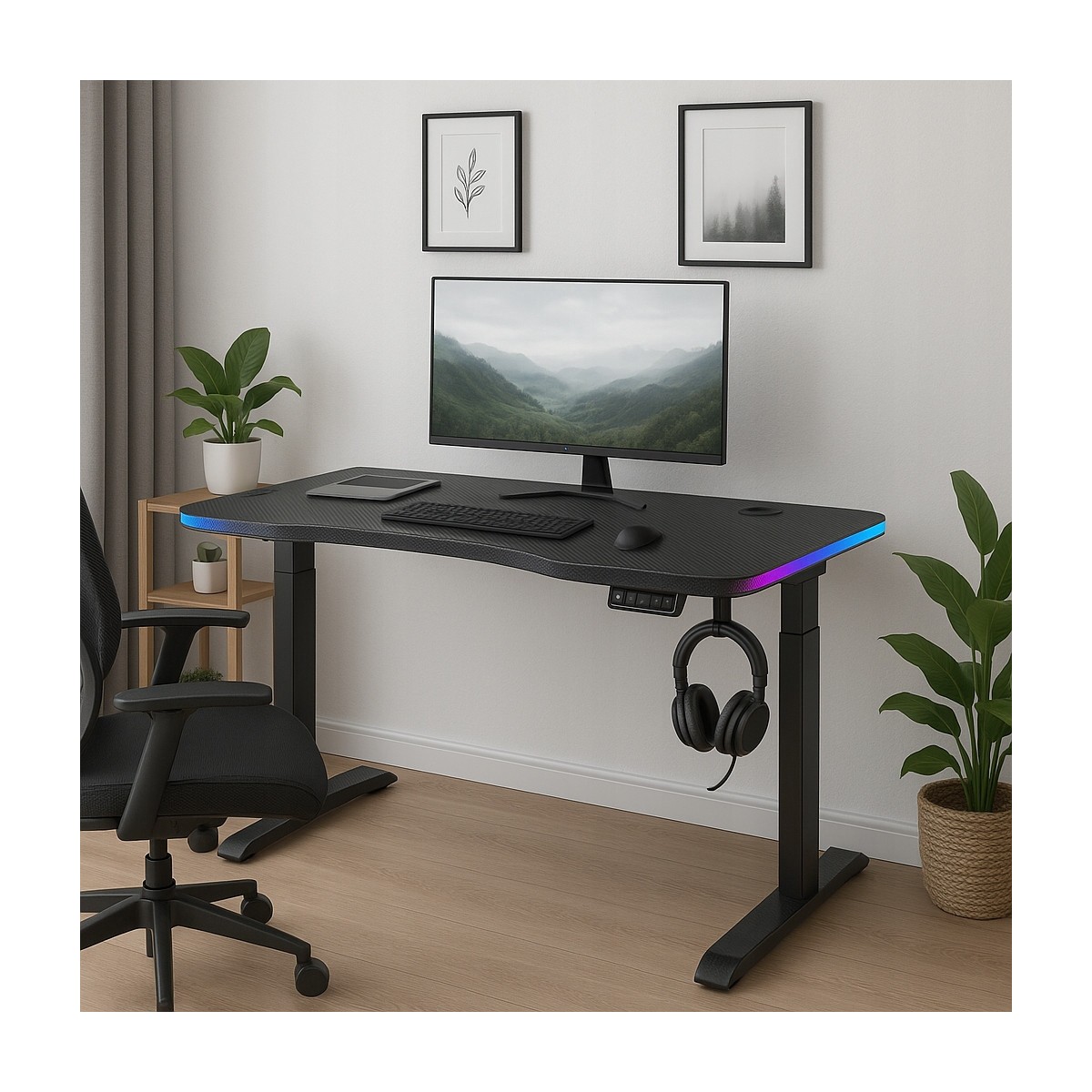 140 cm-es magasságban állítható asztal – elektromos magasságállítás, fekete, LED világítás