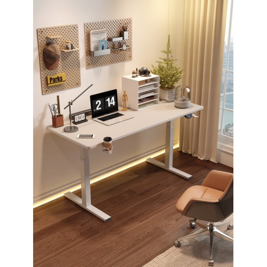 Elektromosan magasságban állítható, 140 cm-es asztal, fehér, fehér lábakkal, LED