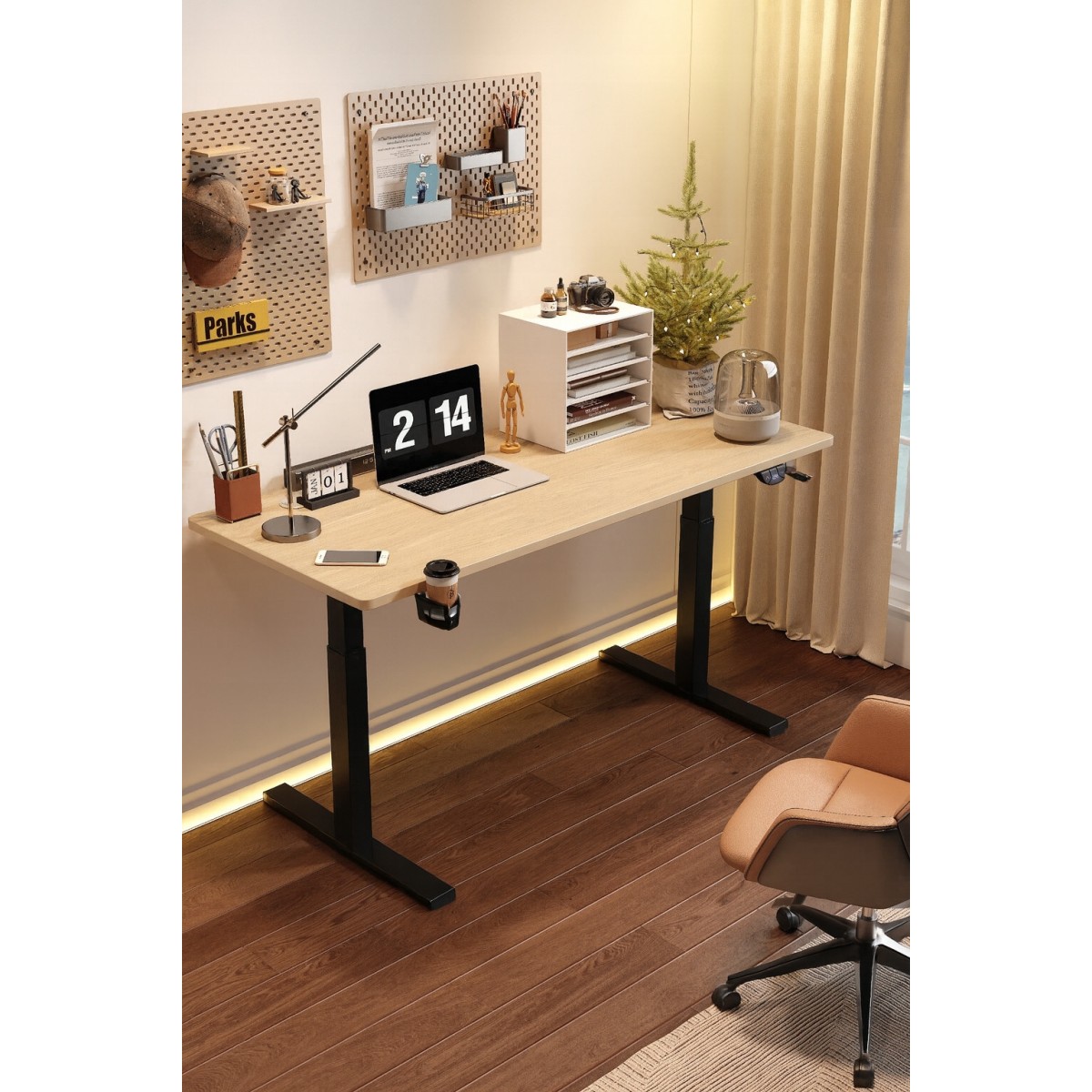 Magasságban állítható 120 cm-es asztal, égerfa, fekete lábakkal, LED