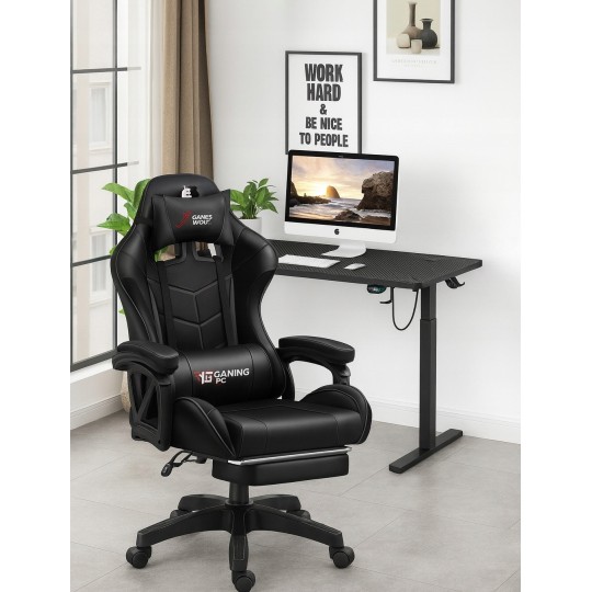 Magasságban állítható, 120 cm-es gamer asztal, fekete, LED