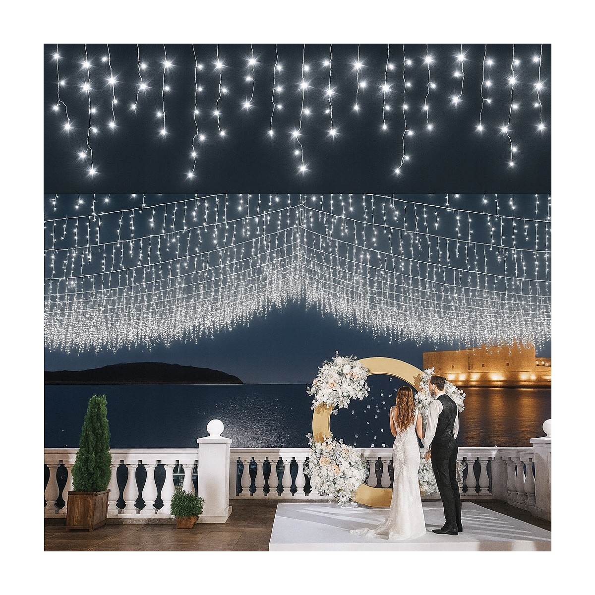 Függő fényfüzér, 500 LED jégcsapok, hideg fehér