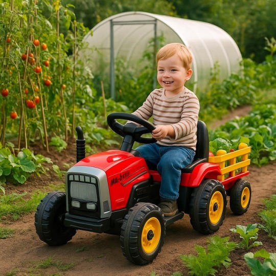 Piros színű akkumulátoros traktor pótkocsival