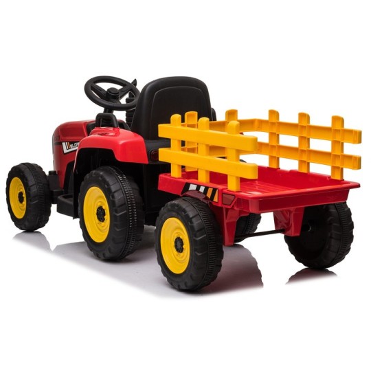 Piros színű akkumulátoros traktor pótkocsival