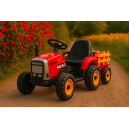 Piros színű akkumulátoros traktor pótkocsival