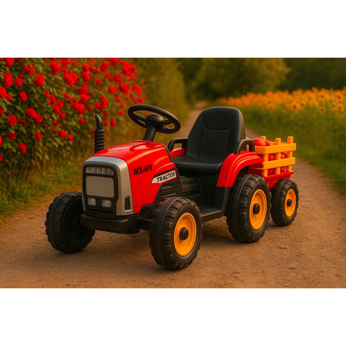 Piros színű akkumulátoros traktor pótkocsival
