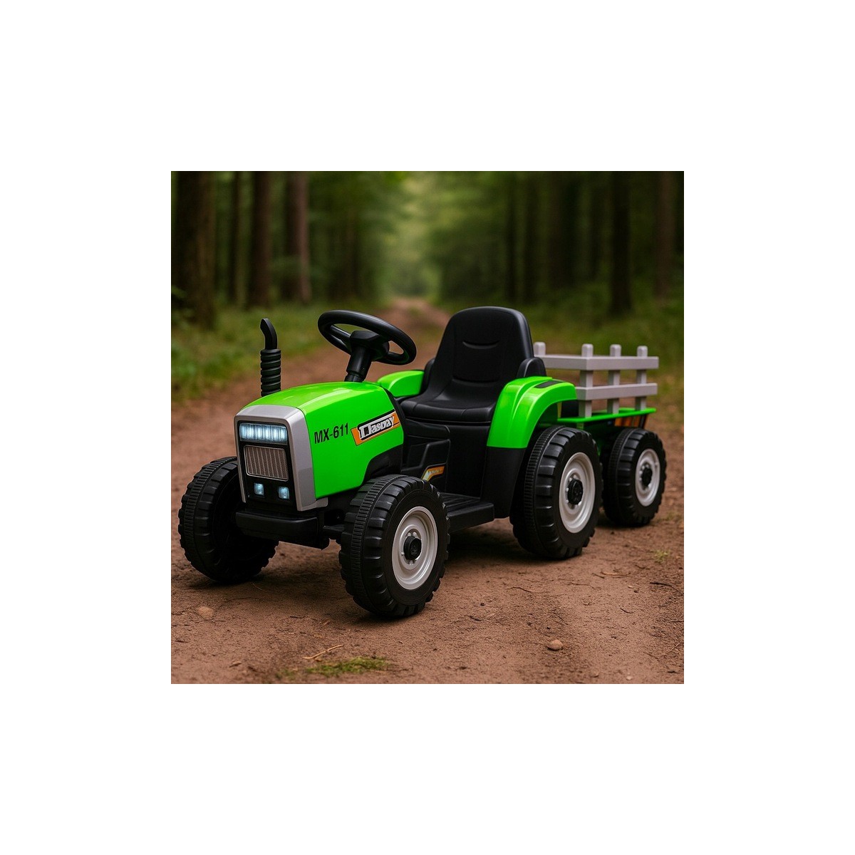 Zöld színű gyerek traktor utánfutóval
