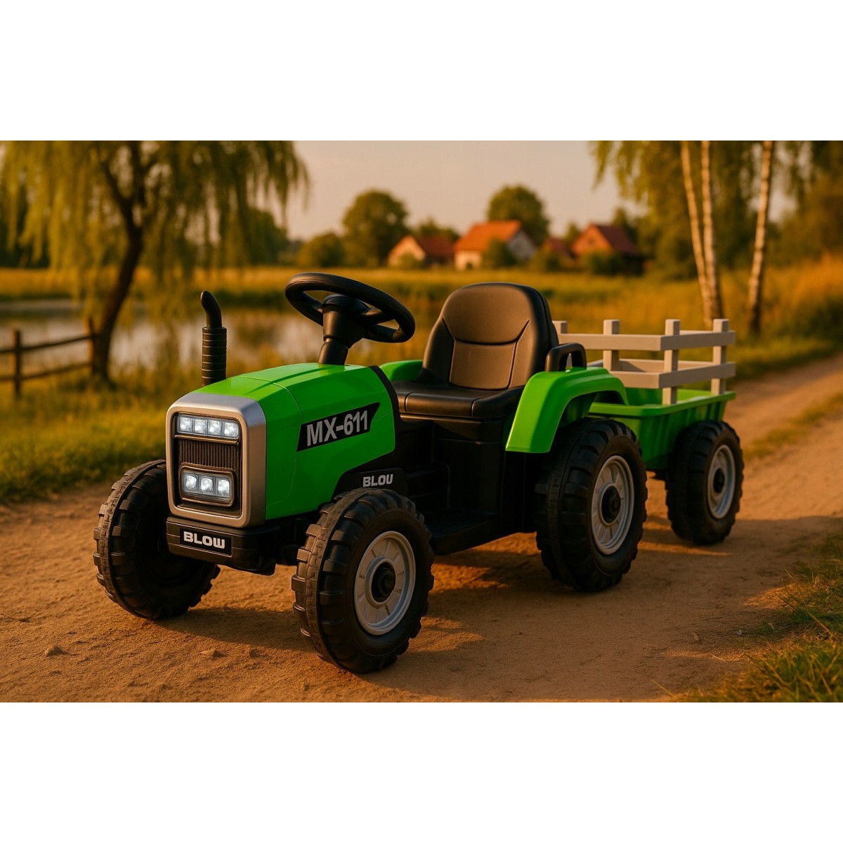 Zöld színű gyerek traktor utánfutóval