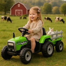 Zöld színű gyerek traktor utánfutóval