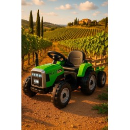 Zöld színű gyerek traktor utánfutóval