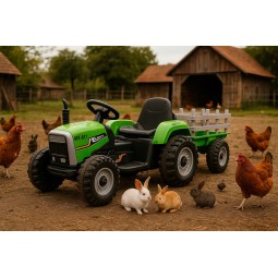 Zöld színű gyerek traktor utánfutóval
