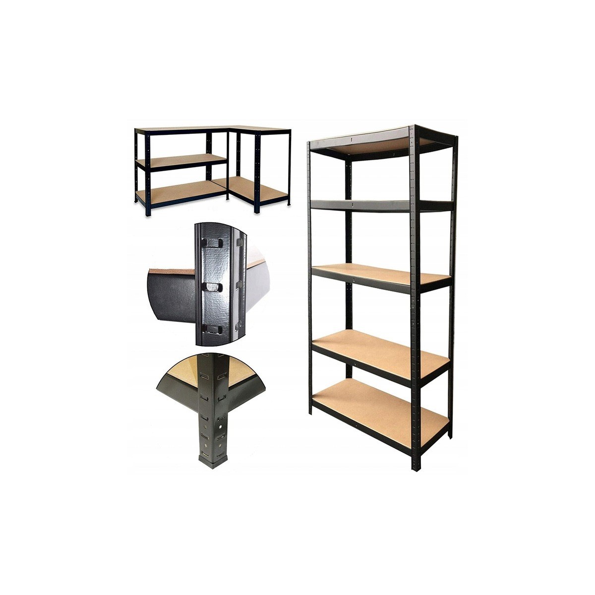 Fekete fém raktári állvány RM02 2 az 1-ben – 5 polc, 180×90×40 cm, teherbírás 1175 kg