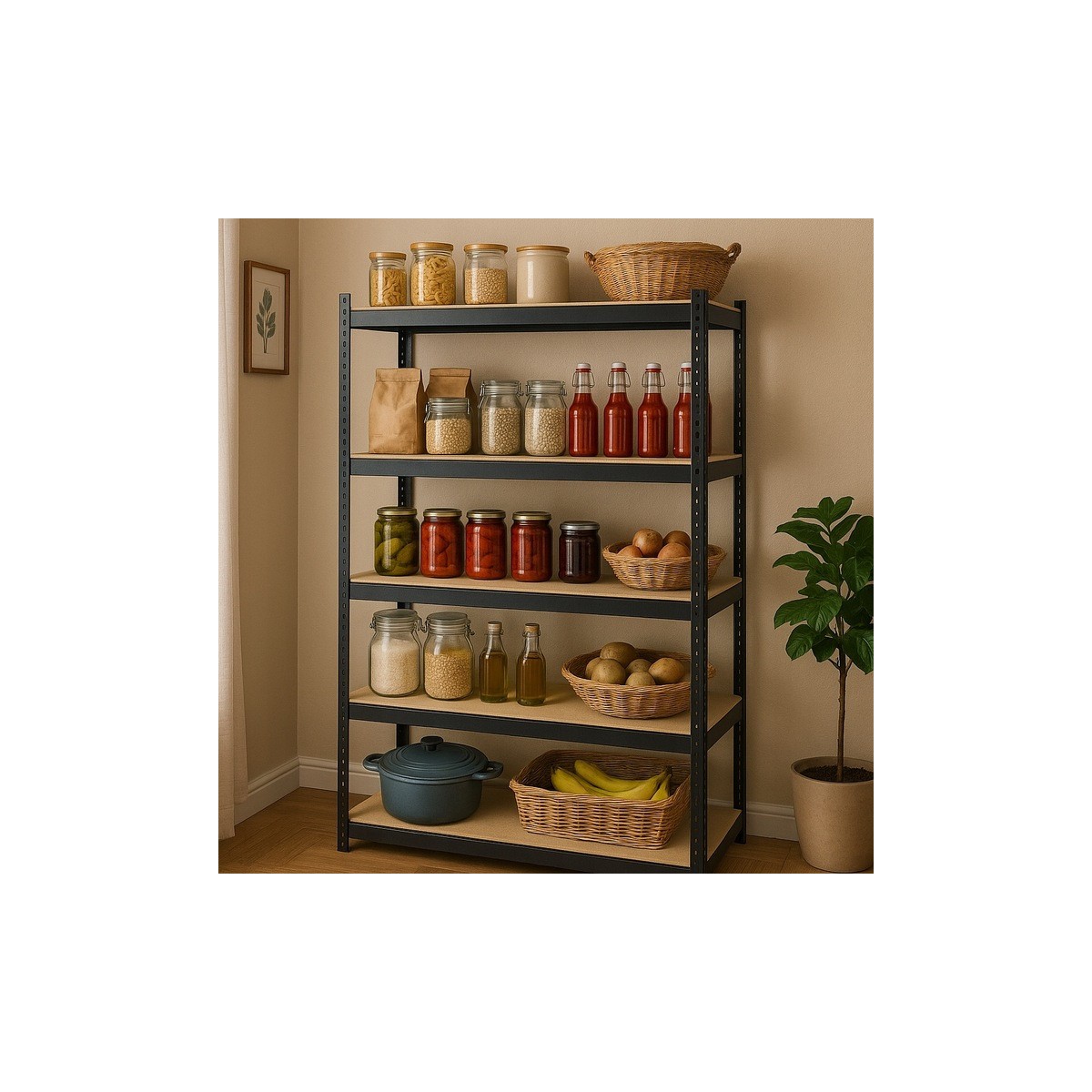 Fekete fém raktári állvány RM02 2 az 1-ben – 5 polc, 180×90×40 cm, teherbírás 1175 kg