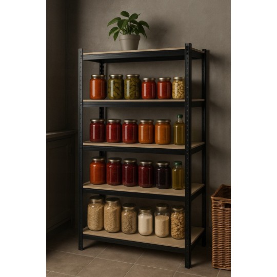 Fekete fém raktári állvány RM02 2 az 1-ben – 5 polc, 180×90×40 cm, teherbírás 1175 kg