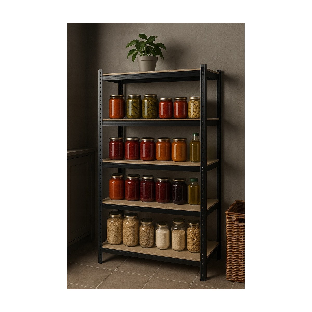 Fekete fém raktári állvány RM02 2 az 1-ben – 5 polc, 180×90×40 cm, teherbírás 1175 kg
