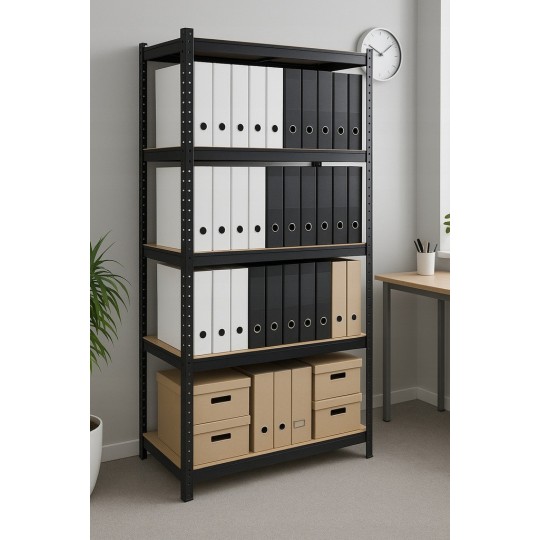 Fekete fém raktári állvány RM02 2 az 1-ben – 5 polc, 180×90×40 cm, teherbírás 1175 kg