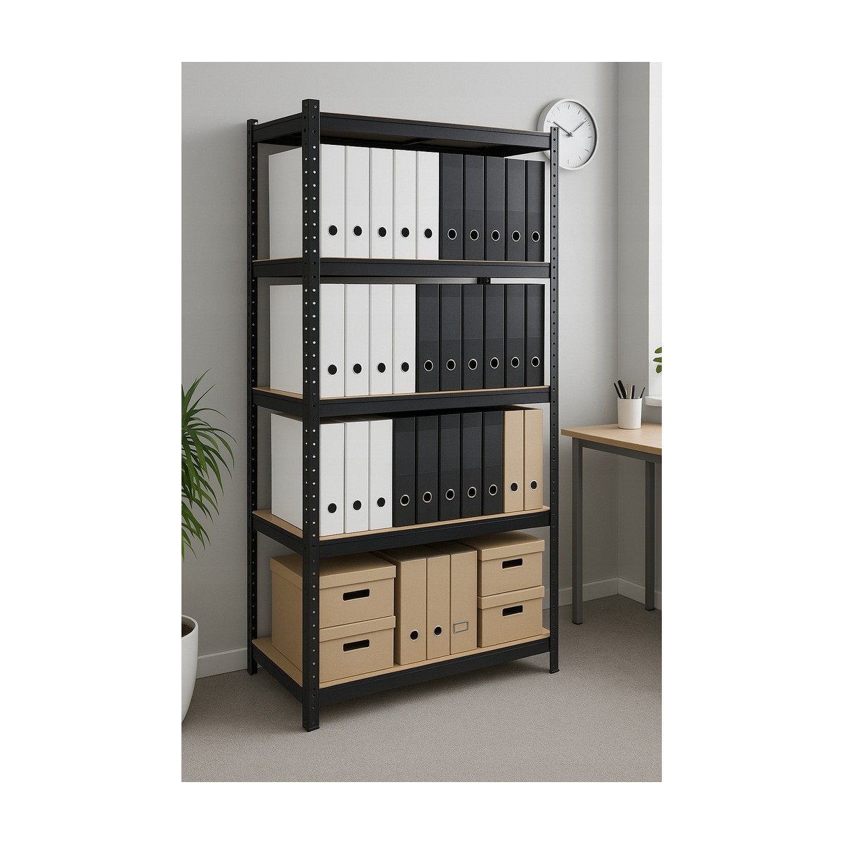 Fekete fém raktári állvány RM02 2 az 1-ben – 5 polc, 180×90×40 cm, teherbírás 1175 kg