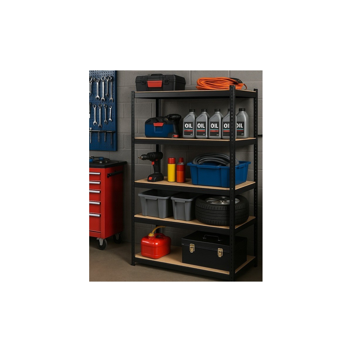 Fekete fém raktári állvány RM02 2 az 1-ben – 5 polc, 180×90×40 cm, teherbírás 1175 kg
