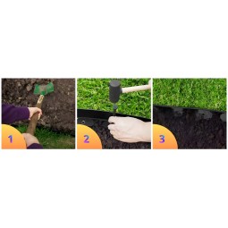 Kerti gyepszegélyek 4 cm x 10 m fekete színben + 20 rögzítő karó a csomagban.