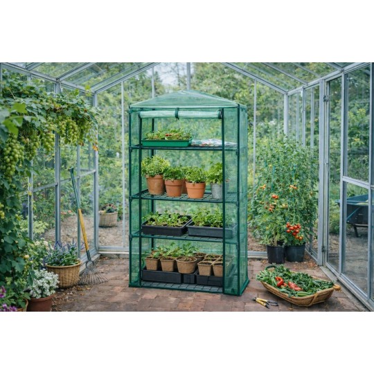 Mini kerti palántanevelő polcokkal